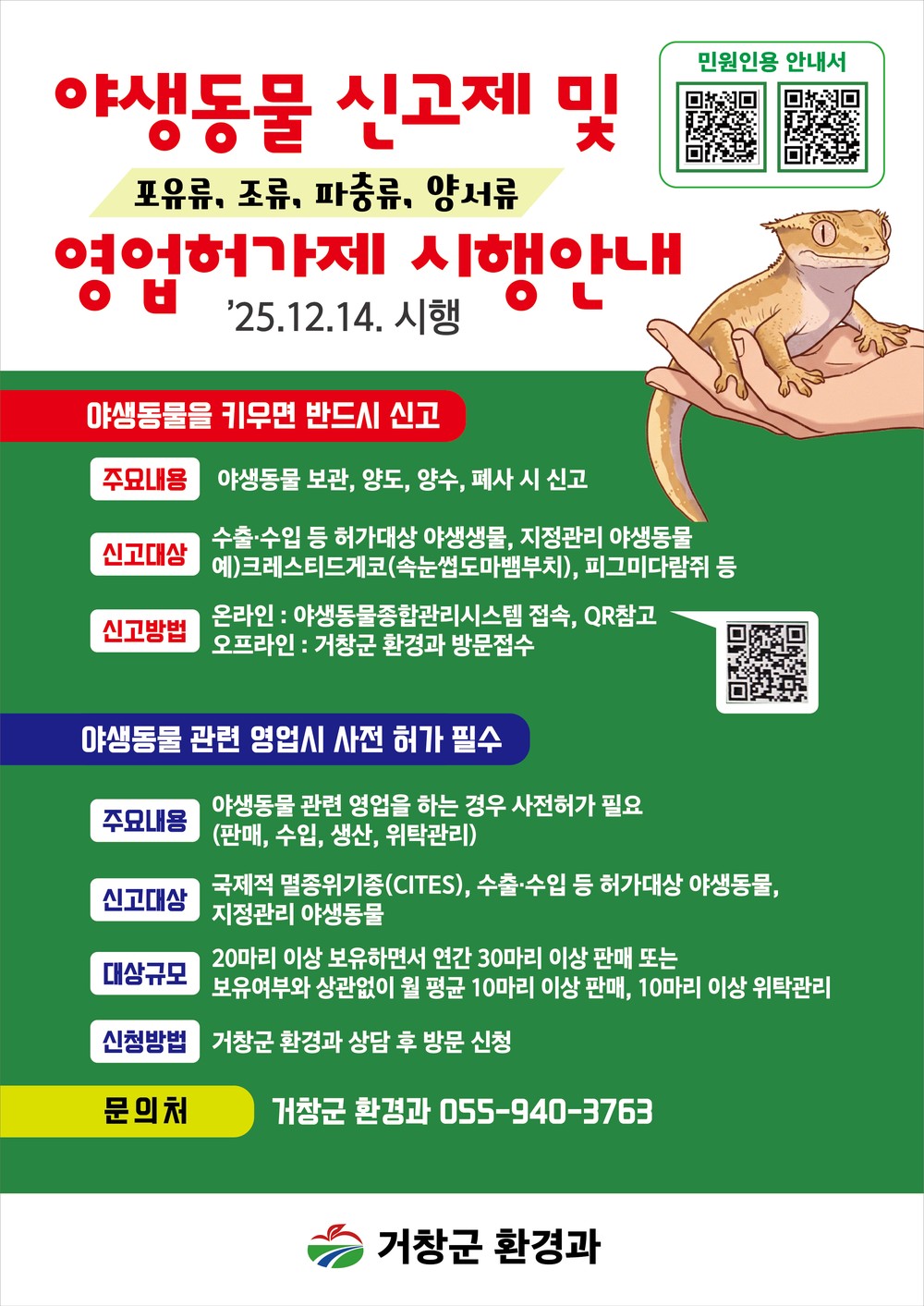 거창군, 야생동물 신고제 및 영업허가제 본격 시행