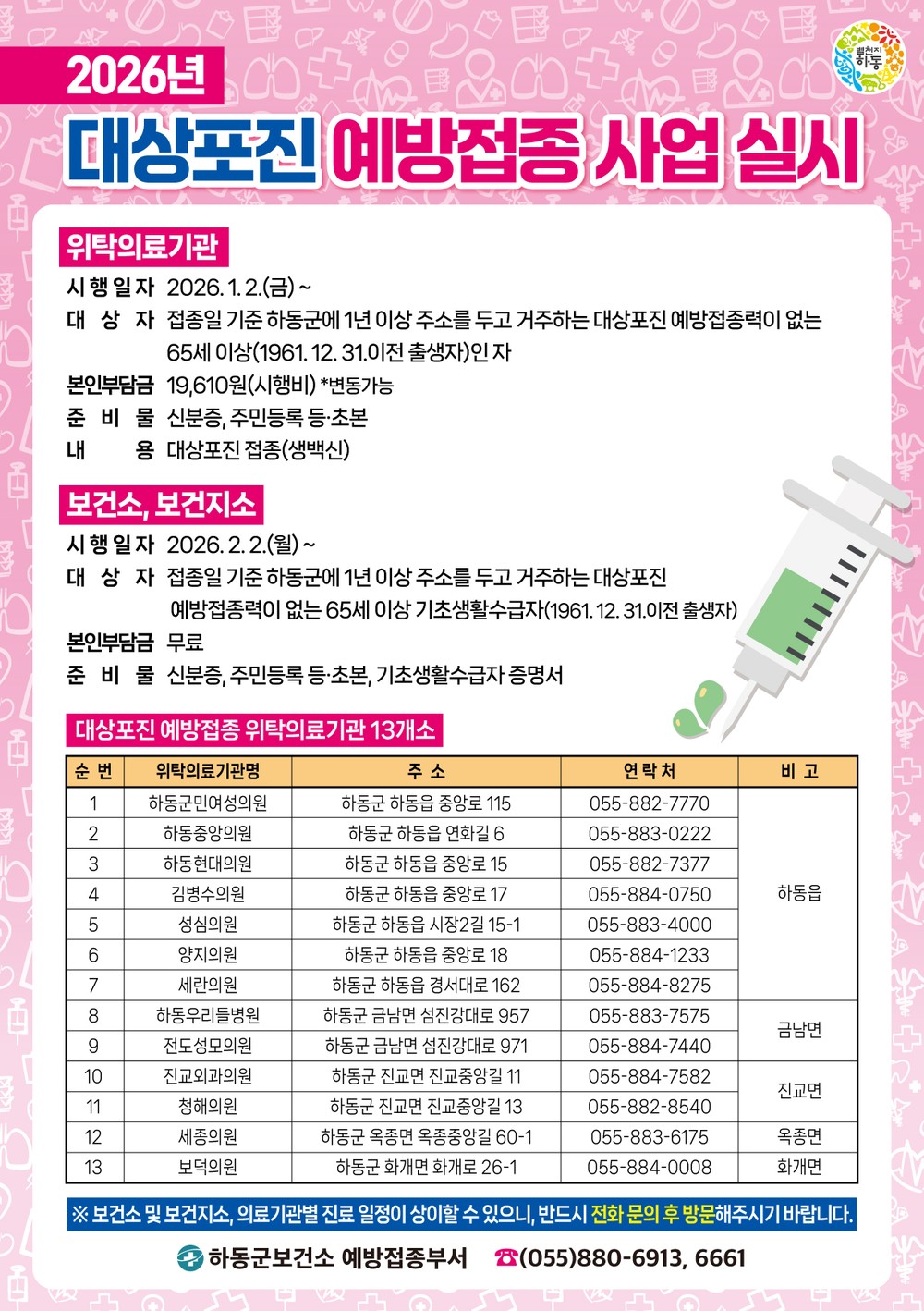 하동군, 대상포진 예방접종 지원 대폭 확대..65세 이상 군민 누구나