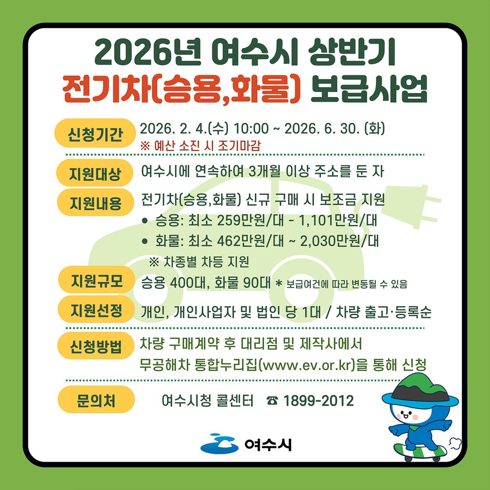 여수시, 2026년 상반기 전기차 구매보조금 확대 지원