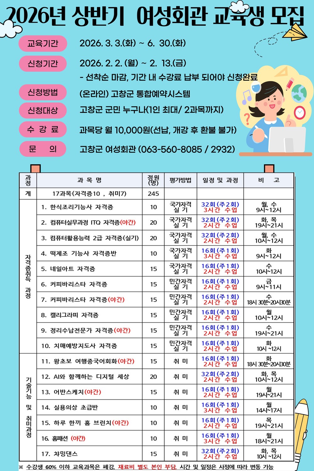 고창군, 2026년 상반기 여성회관 교육 수강생 모집