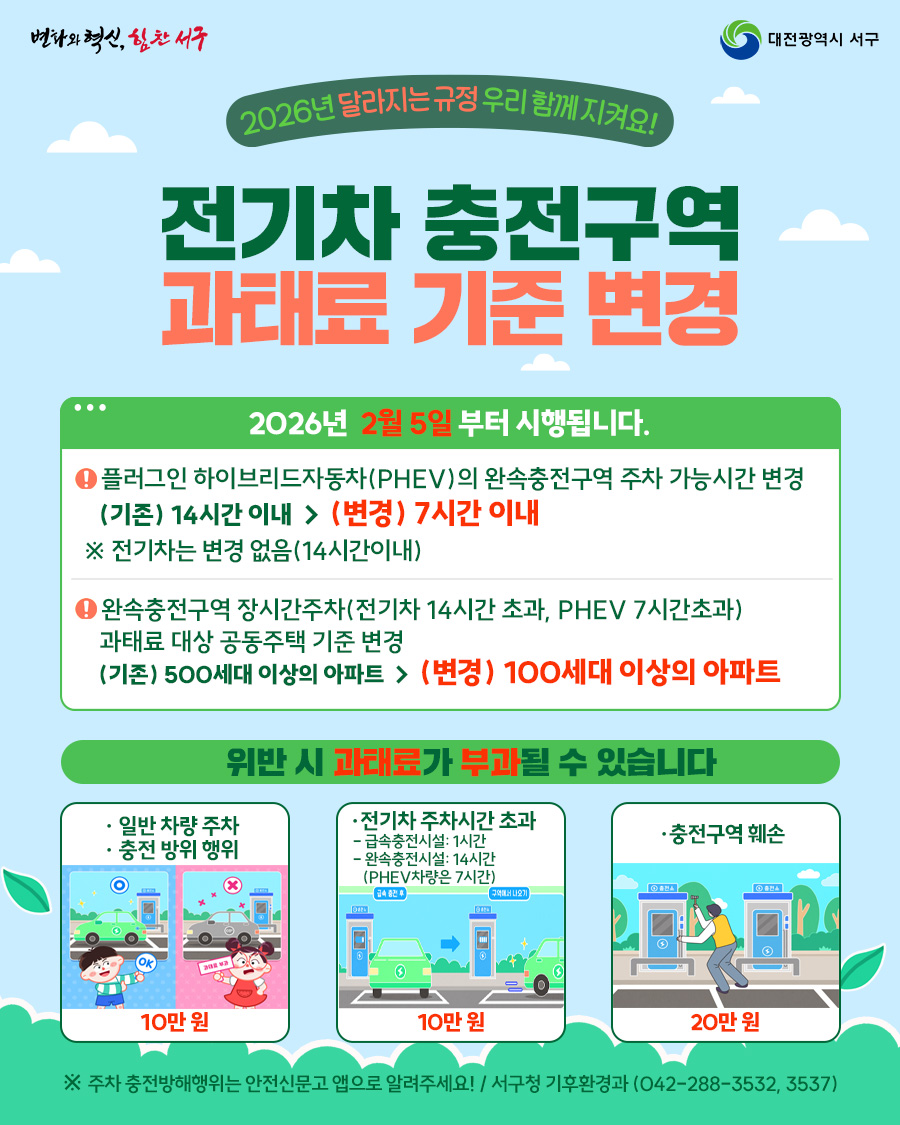 대전 서구, 2월 5일부터 전기차 충전 구역 과태료 기준 변경