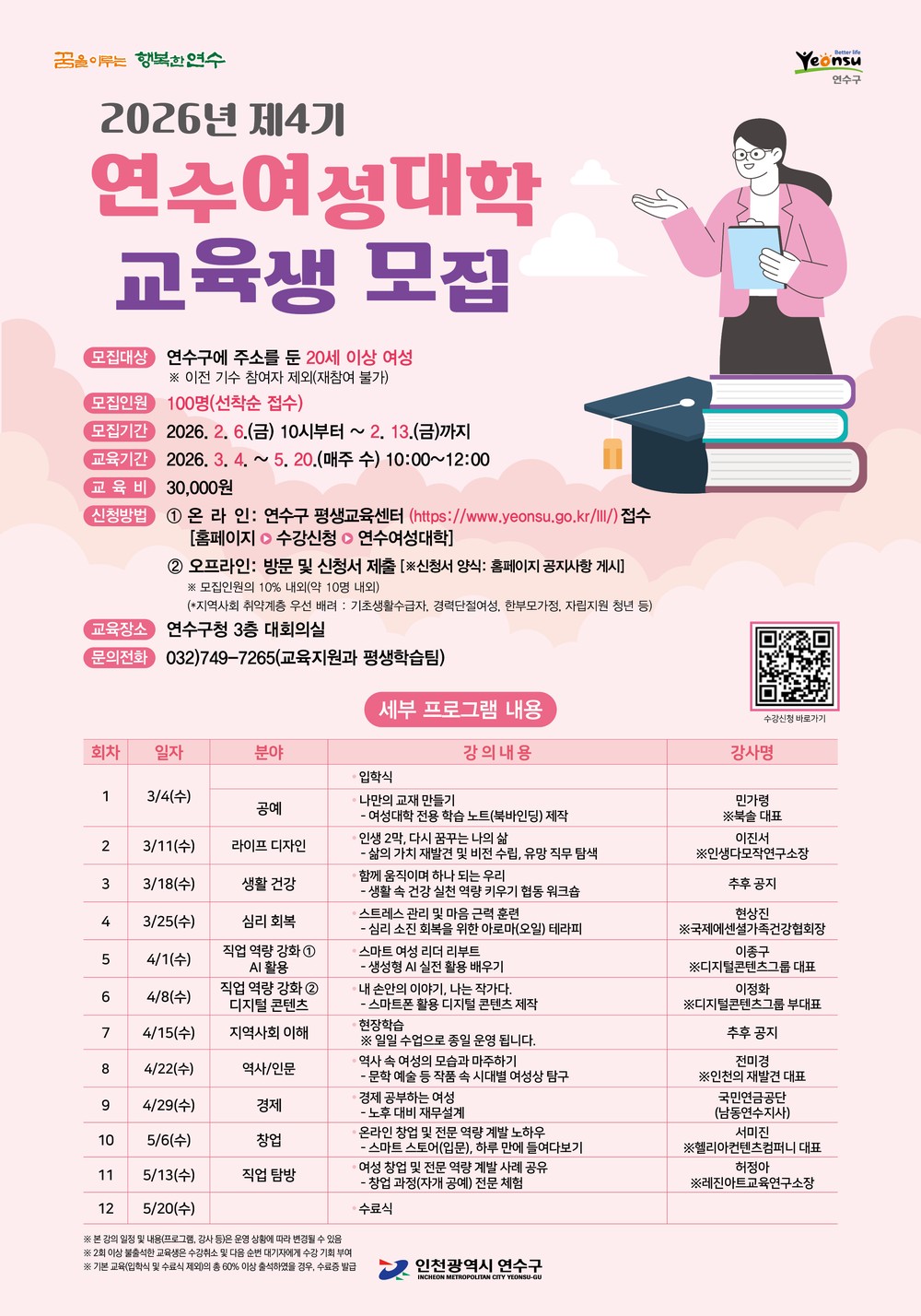 연수구, 제4기 연수 여성대학 교육생 선착순 모집