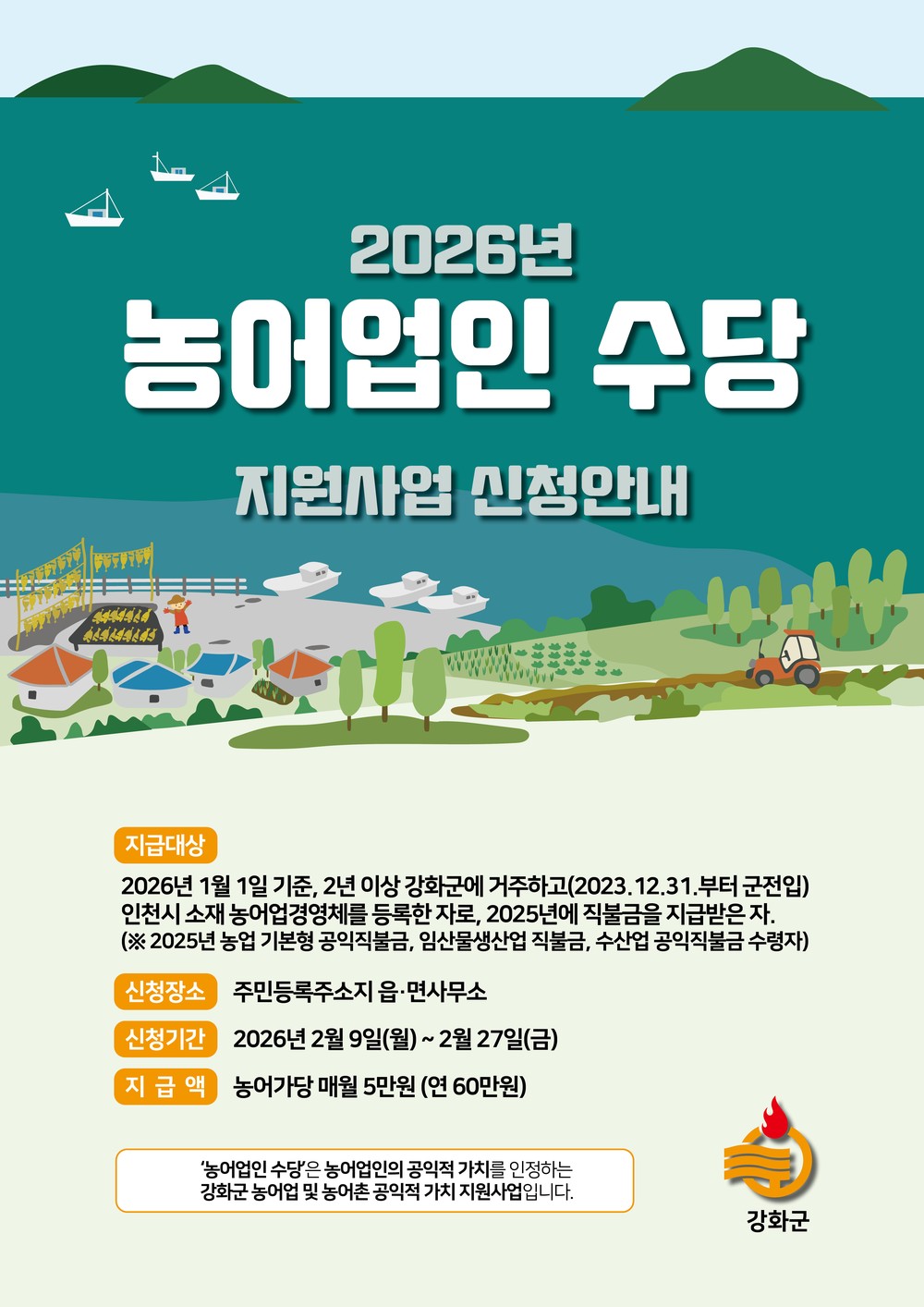 강화군, “농어업인 수당 신청 잊지 마세요”… 연간 60만 원 지급