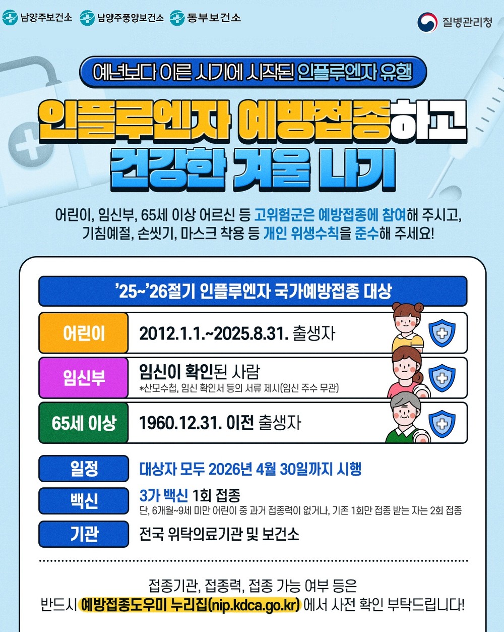 남양주시, 안전한 설 명절 위해 인플루엔자(독감)·코로나19 예방접종 및 개인위생 수칙 안내