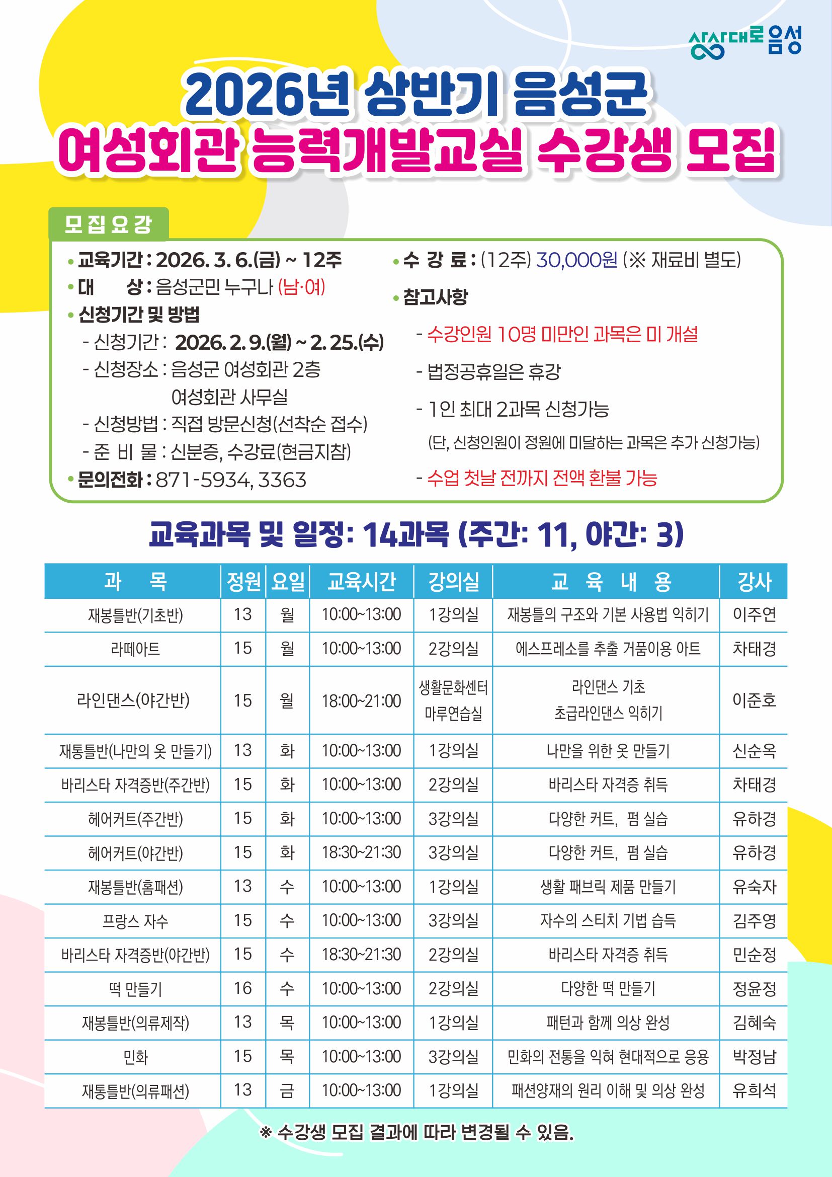 음성군, 2026년 상반기 여성회관 능력개발교실 수강생 모집