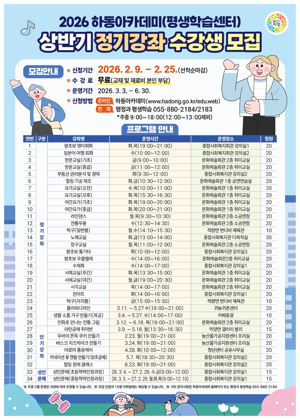 하동아카데미(평생학습센터), 26년 상반기 프로그램 수강생 모집