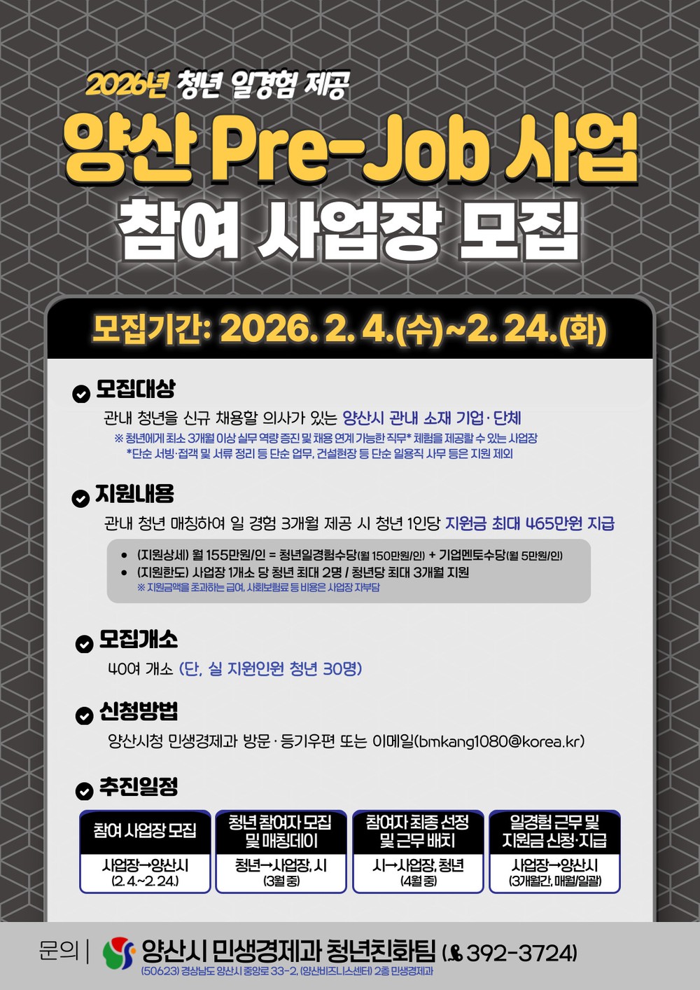 청년 일경험 ‘양산 Pre-Job 사업’ 참여 사업장 모집
