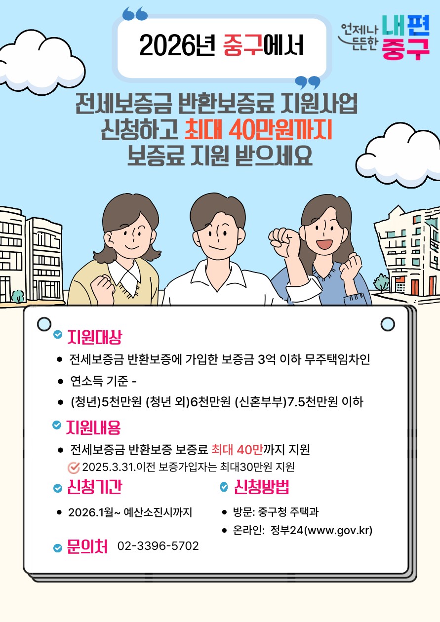 서울 중구, '혼자 사는 청년의 든든한 방패' 전세 반환 보증료 지원 최대 40만 원까지