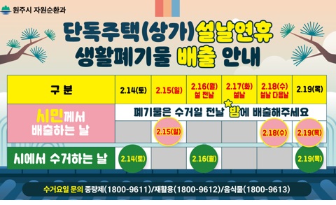원주시, “설 연휴 쓰레기는 15일과 18일 일몰 후 배출하세요!”