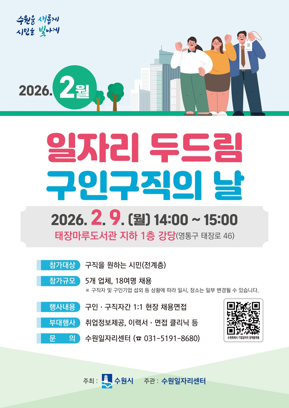 수원특례시, 2월 ‘일자리 두드림 구인·구직의 날’ 개최한다… 5개 업체 참여해 18명 채용