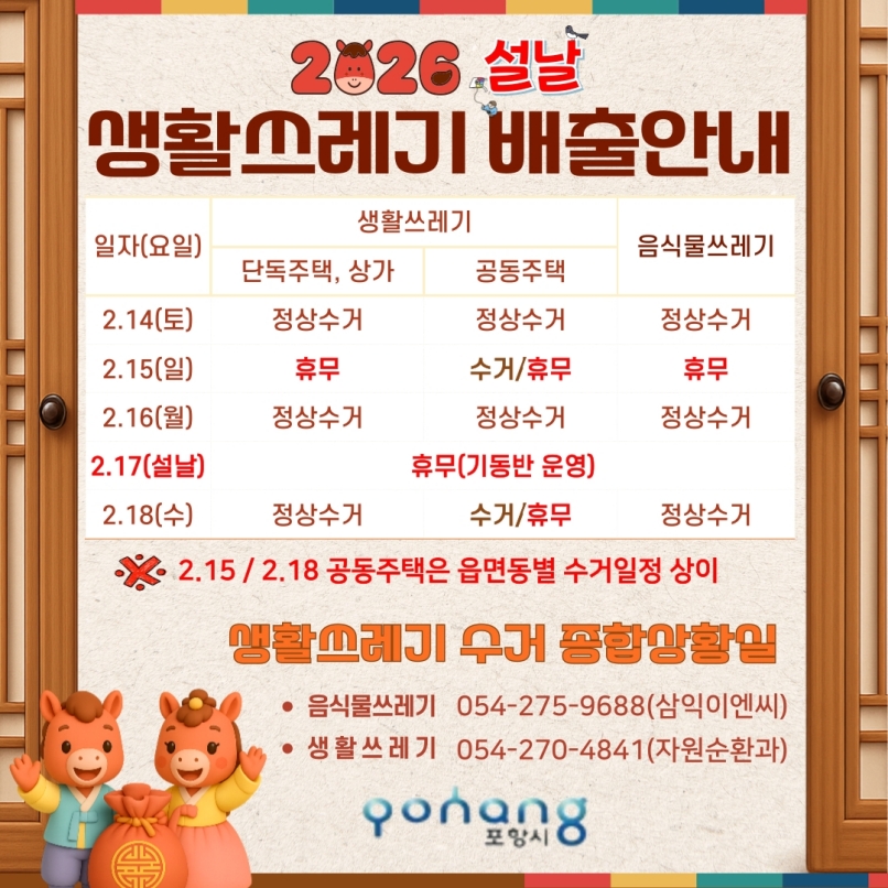 포항시, 설 연휴 쓰레기 관리 대책 추진…설 당일 수거 휴무