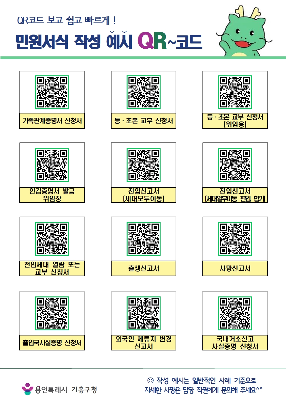 용인특례시 기흥구, QR코드로 민원 서식 작성 예시 제공