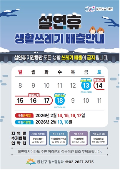 금천구 “설 연휴 쓰레기 배출일 꼭 확인하세요”
