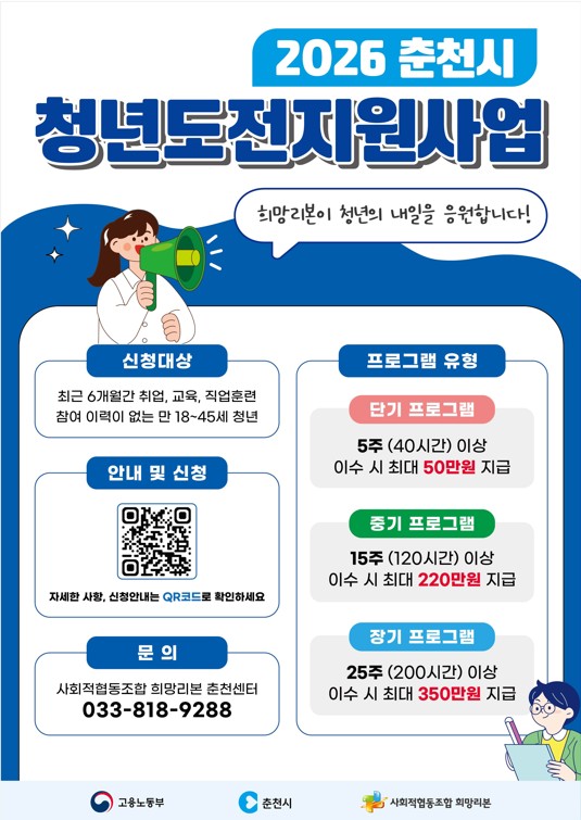 ‘춘천 청년의 내일을 응원합니다’ 청년도전지원사업 모집