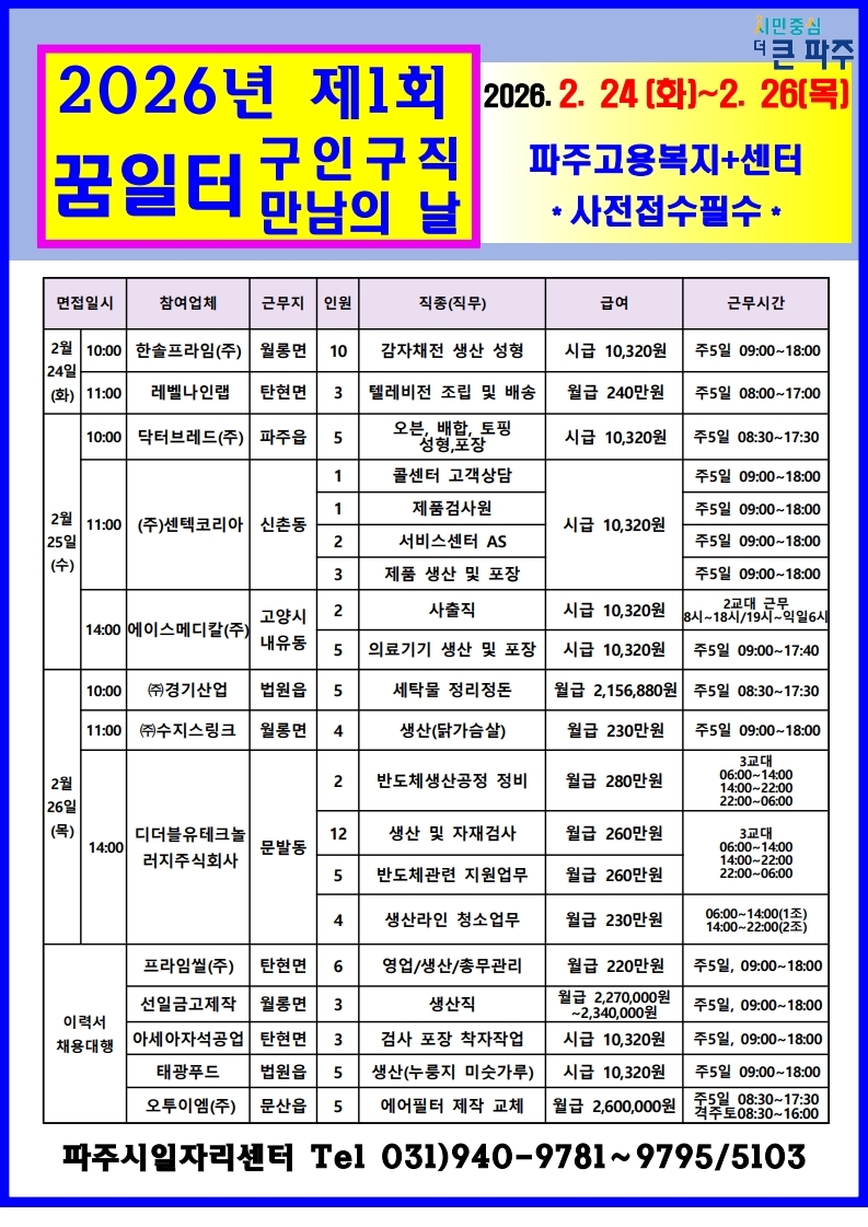 파주시, 2026년 제1회 '구인 구직 만남의 날' 개최