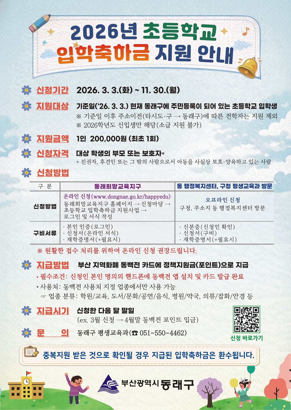 부산 동래구, 2026년 초등학교 입학축하금 지원