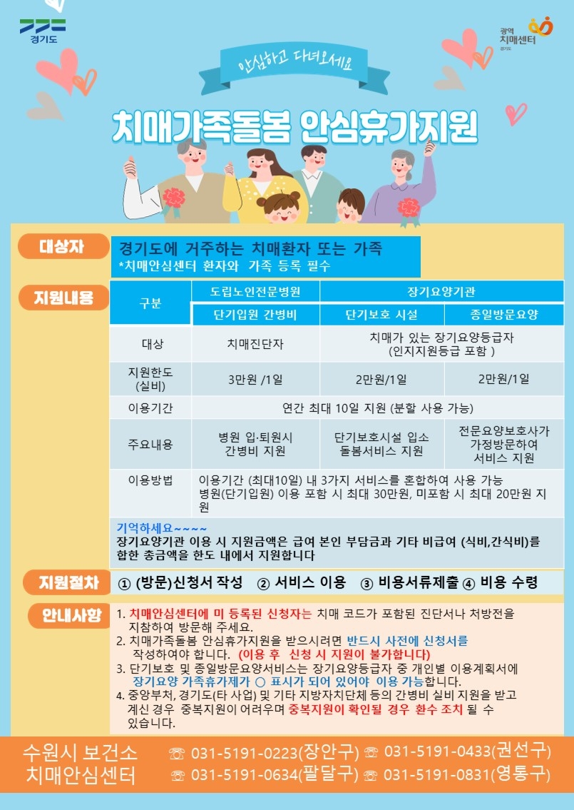 수원시보건소,‘치매가족돌봄 안심휴가지원’운영…돌봄가족 휴식 지원