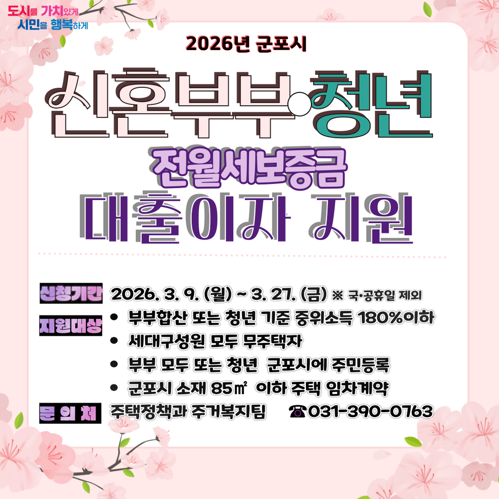 군포시, 신혼부부·청년 전월세 보증금 대출이자 지원사업 대상자 모집
