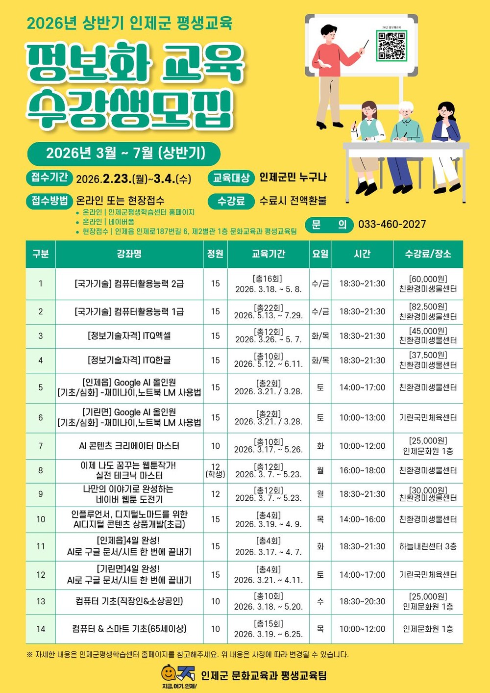 인제군, 군민 디지털 역량 키운다… 상반기 정보화 교육 수강생 모집