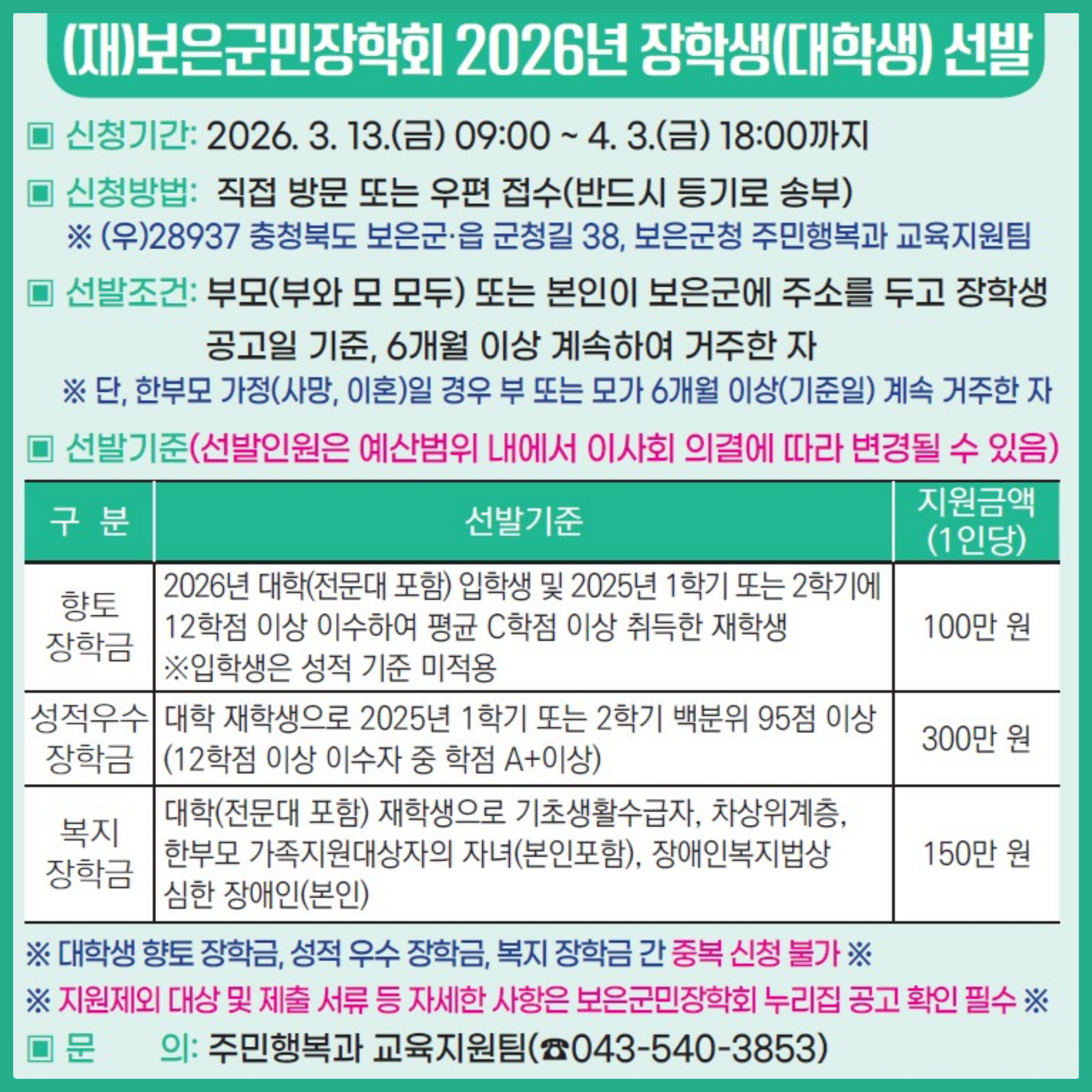보은군민장학회, 2026년 대학생 장학생 모집