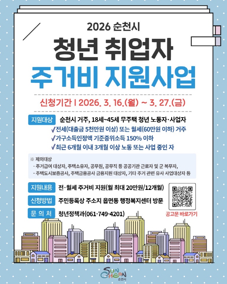 일하는 청년에게 주거비 월 20만원 지원, 순천시가 돕는다