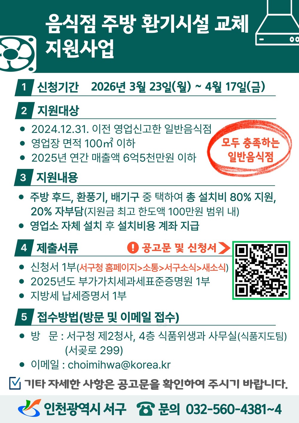 인천 서구, 음식점 주방 환기시설 교체 지원 위생적 주방환경 조성