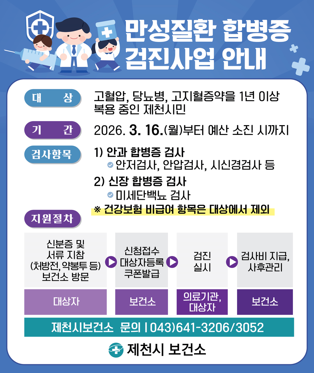 제천시, 만성질환 합병증 검진 지원 "2차 질환 예방"