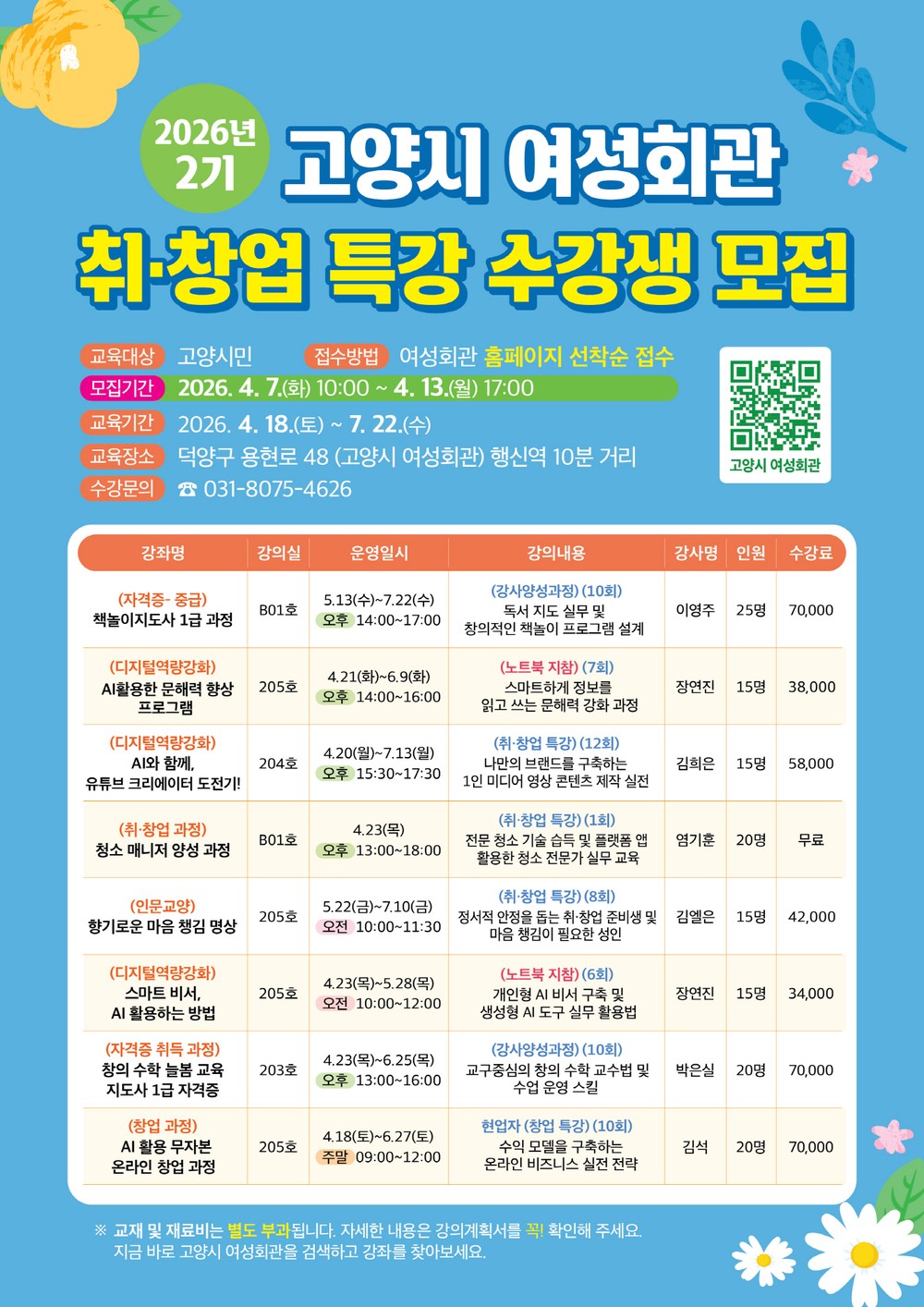 고양시 여성회관, 2026년 취·창업 특강(2기) 수강생 모집