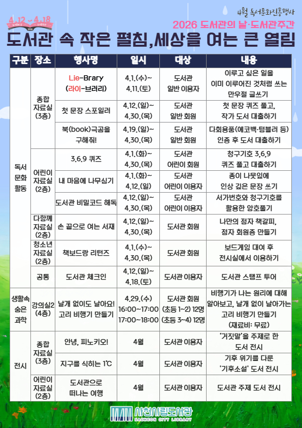 사천시립도서관, 4월 독서문화진흥행사 운영