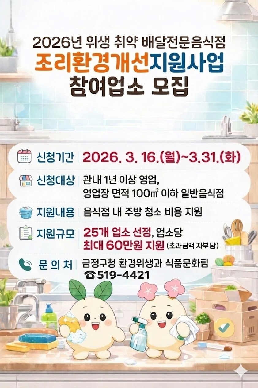 부산 금정구, 위생 취약 배달전문음식점 조리환경개선 지원사업 실시