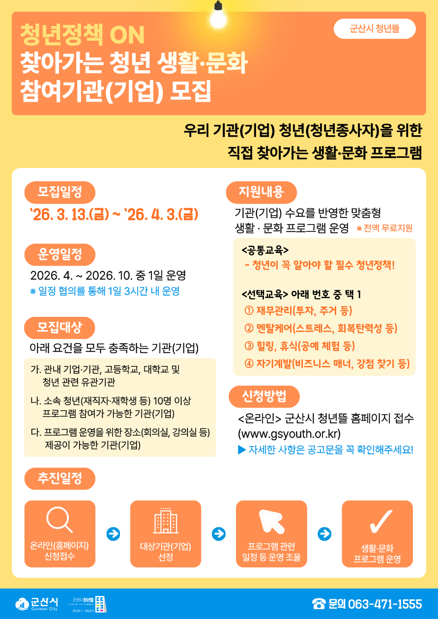 군산시, ‘청년정책 ON: 찾아가는 청년 생활·문화’ 참여기관 모집