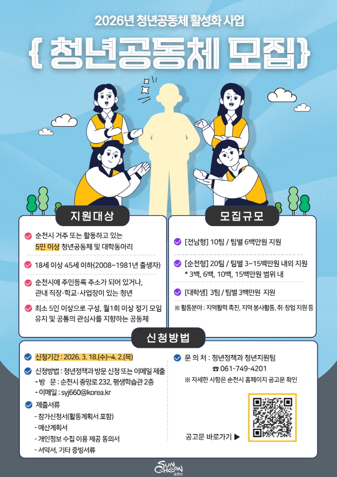 순천시, 2026년 청년공동체 활성화 사업 참여팀 모집