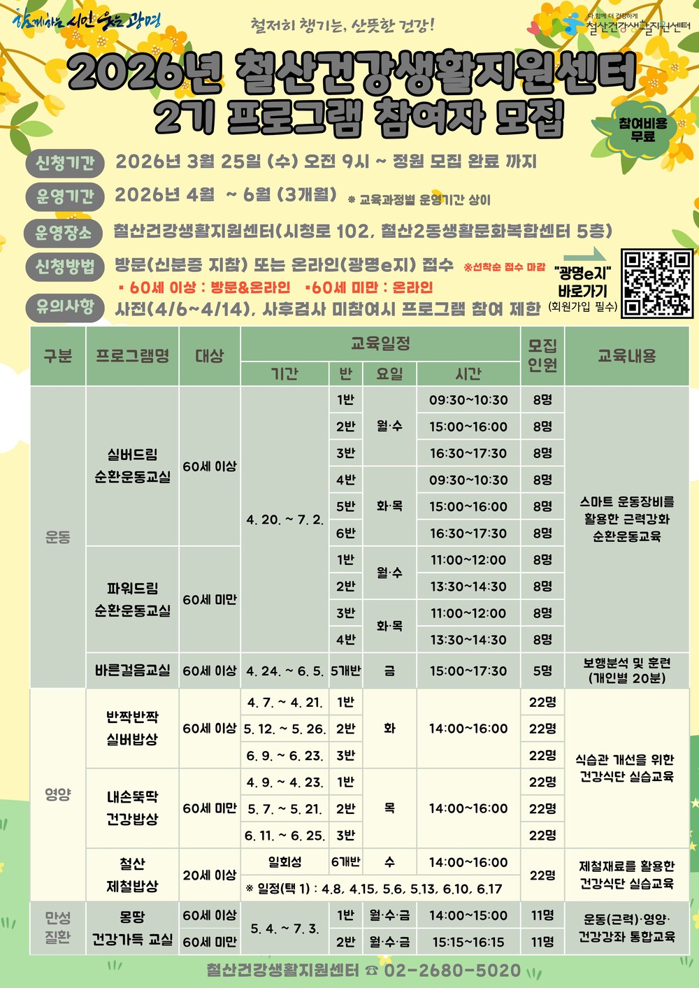 광명시 철산건강생활지원센터, ‘2026년 건강생활 프로그램 2기’ 참가자 모집