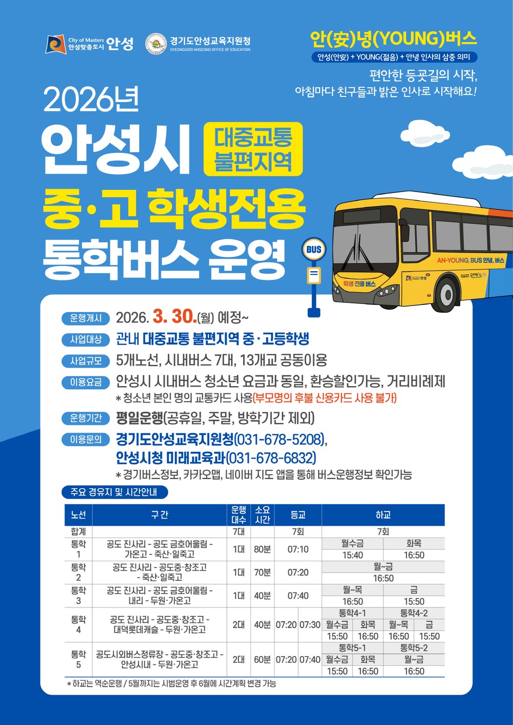 안성시 중·고 학생전용 통학버스 ‘안(安)녕(YOUNG)버스’ 운행 개시