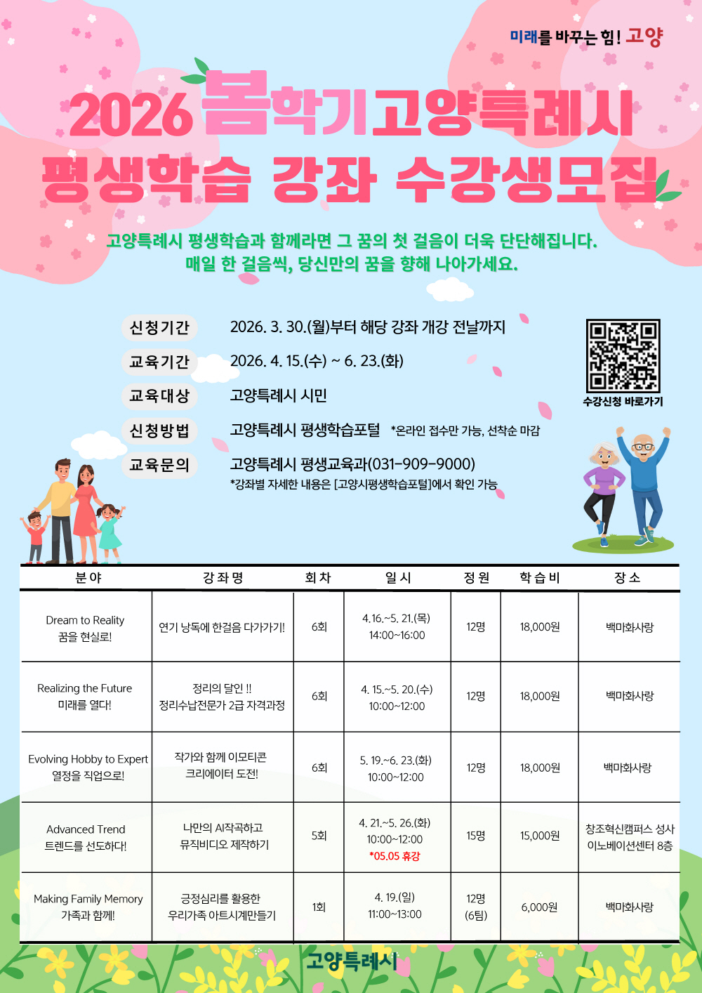 고양시, 2026년 봄학기 평생학습 강좌 운영