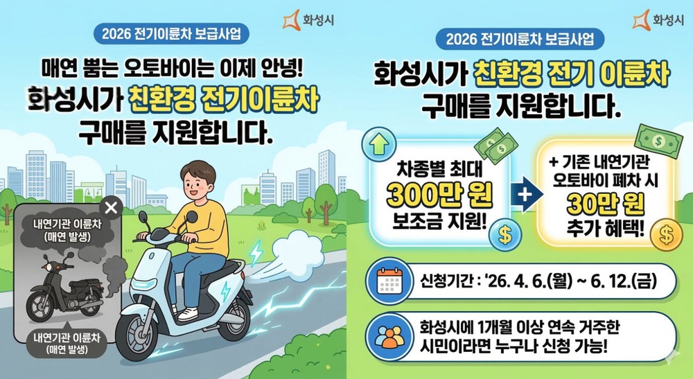 화성특례시, 2026년도 상반기 전기 이륜차 보급 사업 신청자 모집