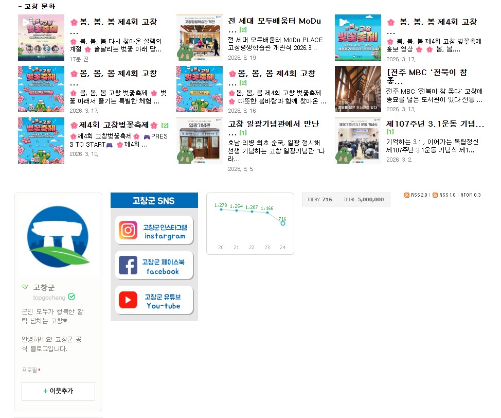 고창군, 공식블로그 누적 방문자수 500만명 돌파