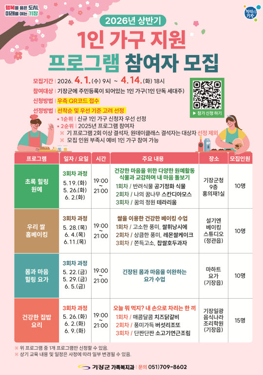 기장군, 2026 상반기 1인 가구 지원 프로그램 참여자 모집