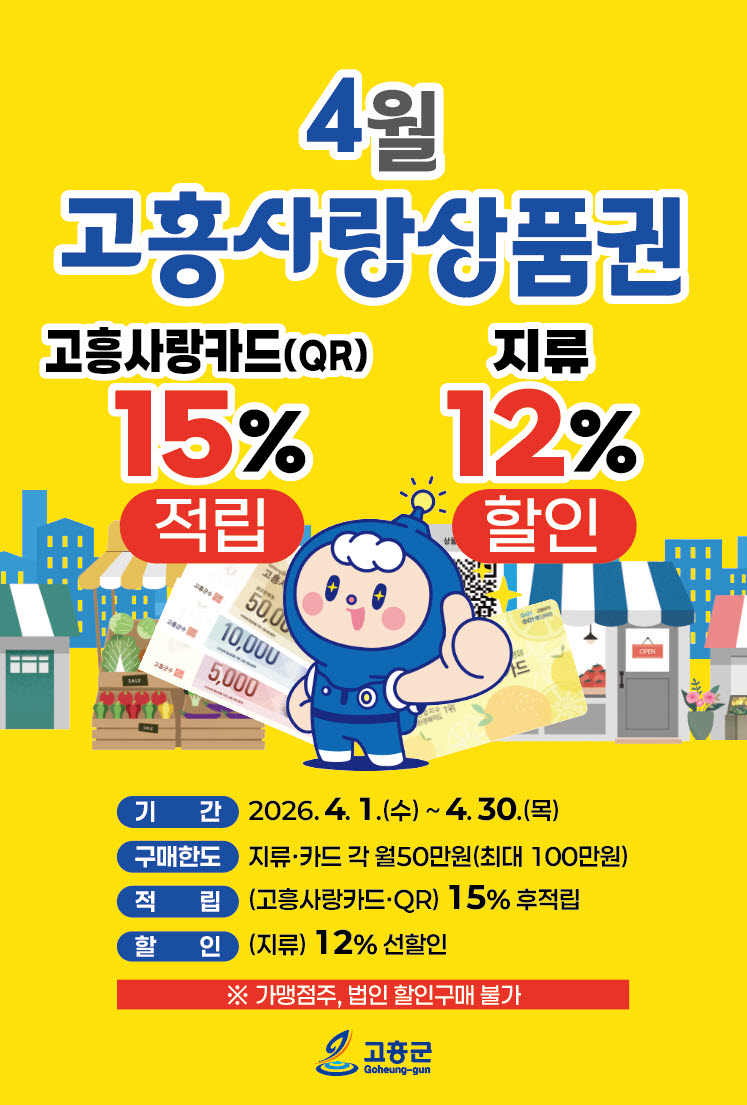 고흥군, ‘지역경제 봄바람’ 4월 고흥사랑상품권 최대 15% 할인