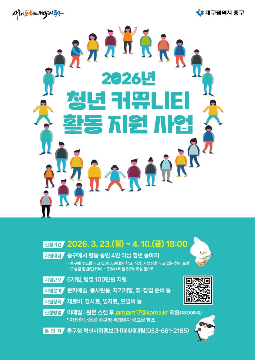 대구 중구, 2026년 청년 커뮤니티 활동 지원 사업 모집