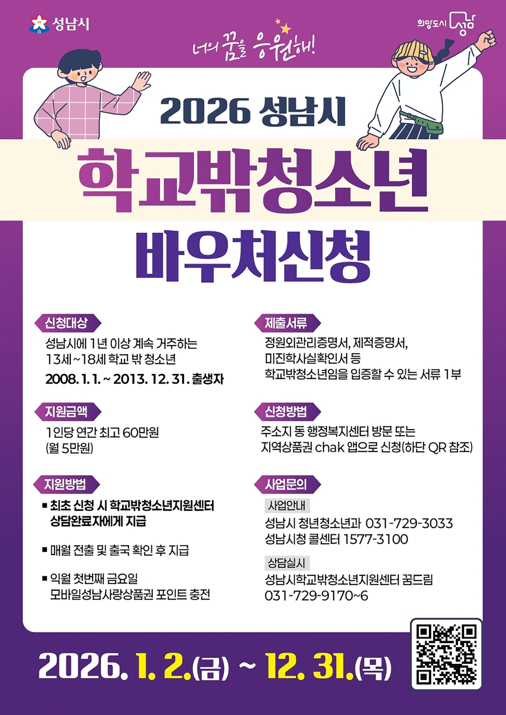 성남시, 학교 밖 청소년에 월 5만원씩 바우처 지급