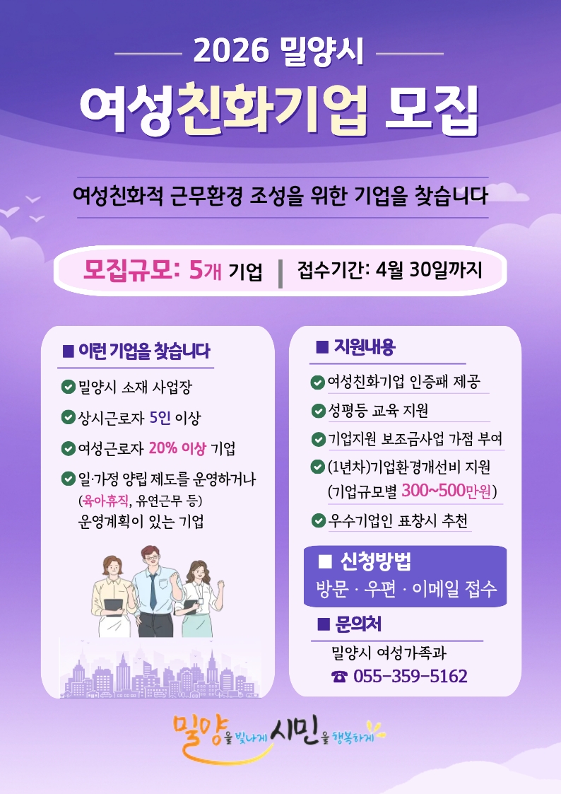 밀양시, 2026년 밀양형 여성친화기업 모집