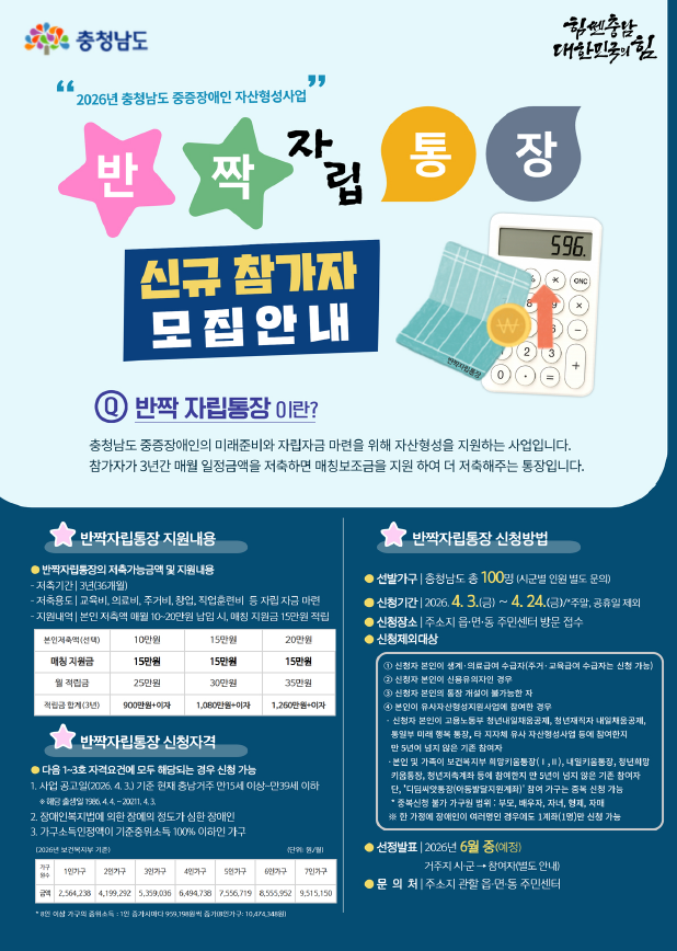금산군, 중증장애인 자산형성지원 반짝 자립통장 가입자 모집