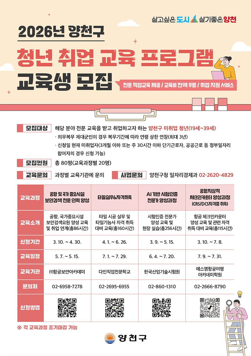 양천구, 청년 취업 성공 패키지 ‘전문가 양성 교육’ 4개 과정 운영...80명 모집