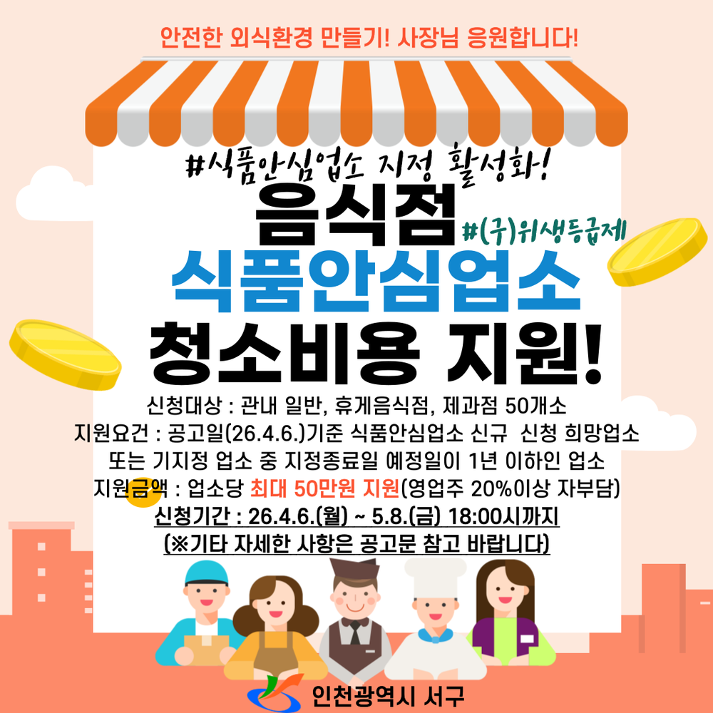 인천 서구, 음식점 식품안심업소 ‘청소비 지원’으로 문턱 낮춘다 안심 외식 환경 조성 기대