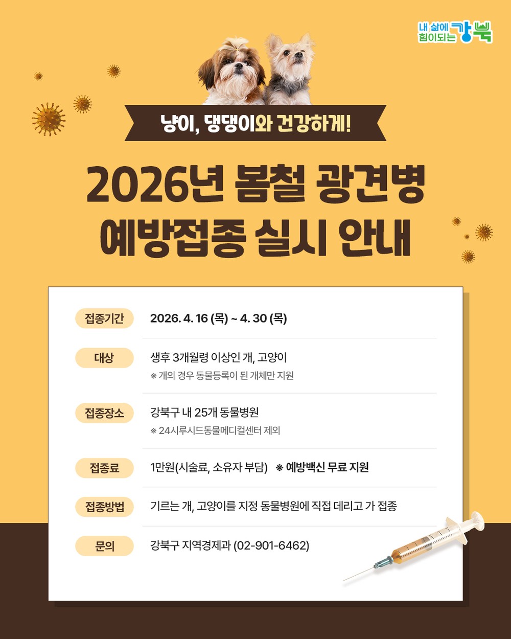 강북구, 봄철 광견병 예방접종 실시… 반려동물·구민 건강 보호