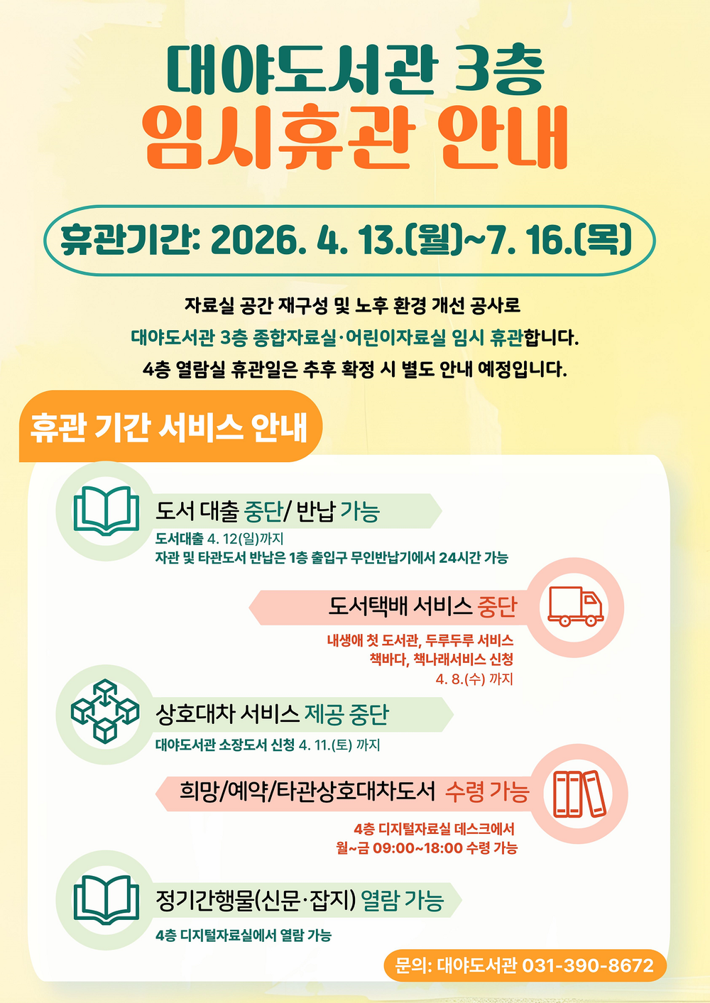 군포시 대야도서관, 4월 13일부터 자료실 임시휴관