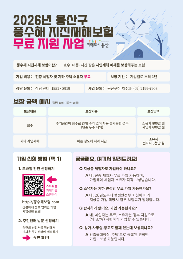 용산구, 지하주택 풍수해‧지진재해 보험료 전액 지원…재난 대비 ‘든든한 안전망’
