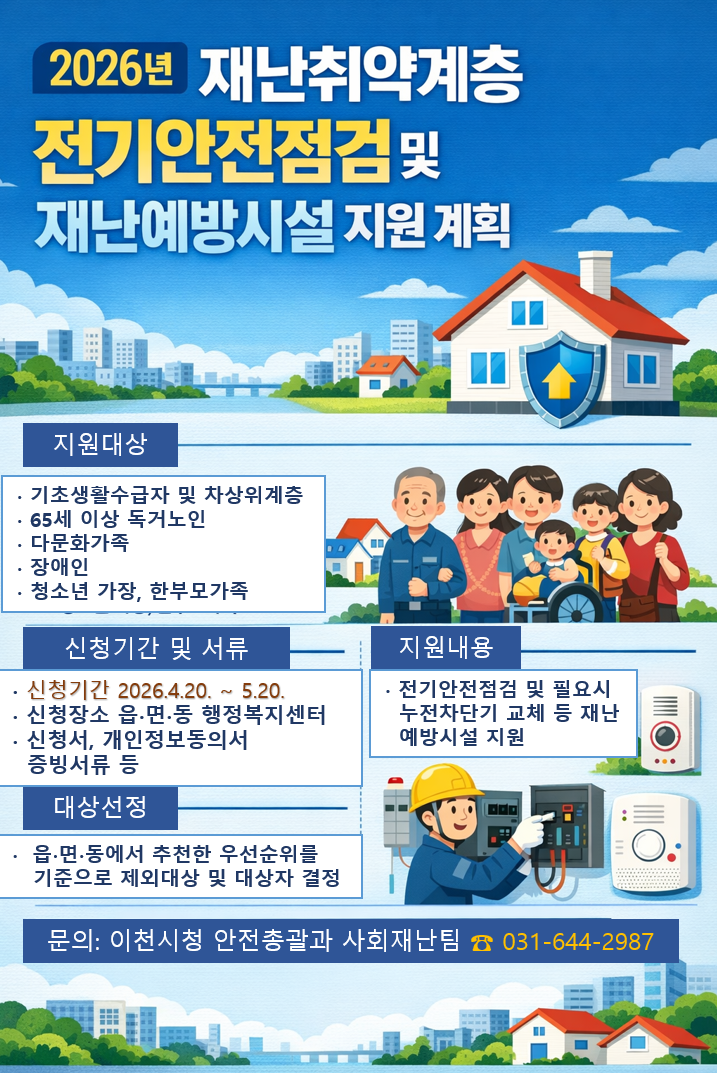 이천시, 재난취약계층 대상 전기안전점검 및 재난예방시설 지원사업 추진