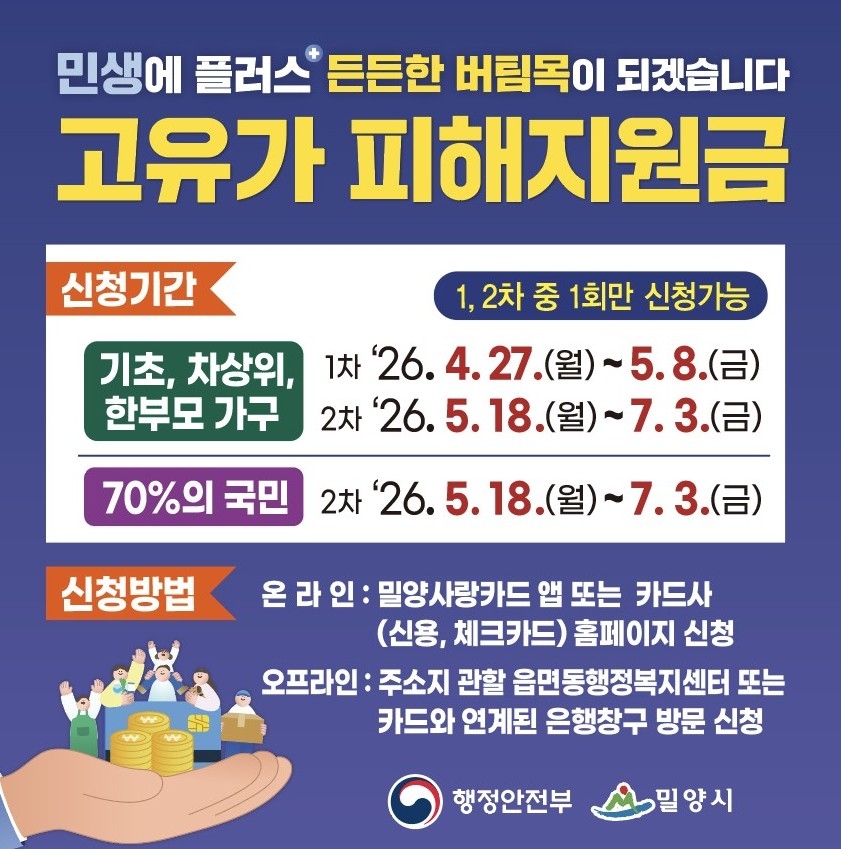 밀양시, 고유가 피해지원금 27일부터 신청·지급 개시